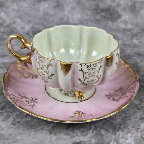 Vintage Royal Halsey Pink Lusterware Cup & Saucer Gold Accents Fluted Body - Picture 2 of 16